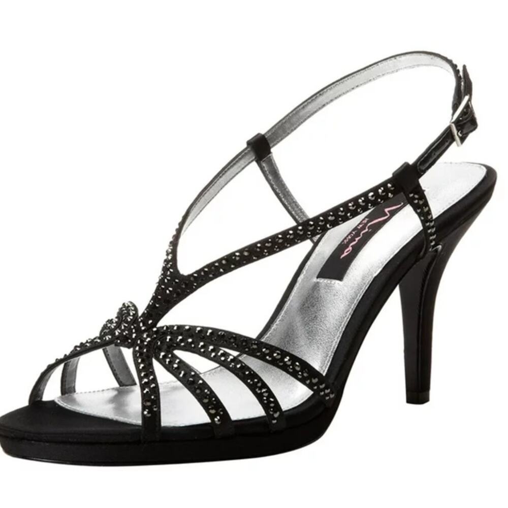 EUC Nina Bobbie- li Black Satin Rhinestone Dressy Sandal Heels Size 10